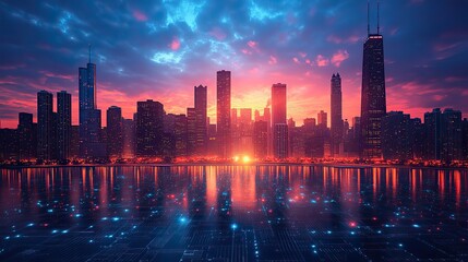 Naklejka premium A 5G technology scene over Chicago's skyline, representing global connectivity and the impact of advanced telecommunication networks on urban infrastructure.