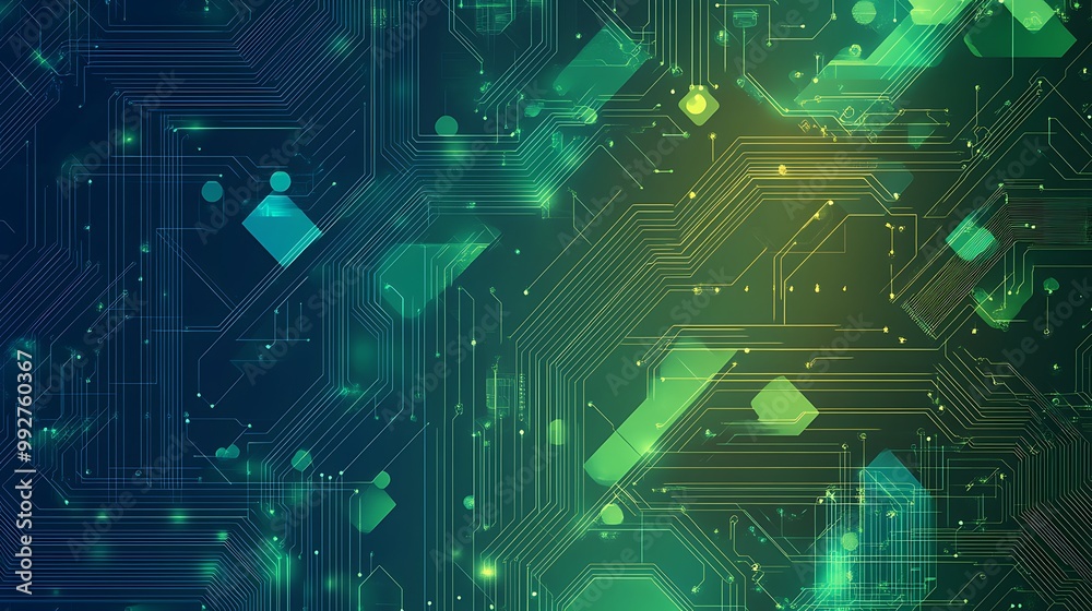Poster Abstract Green Circuit Board Pattern with Glowing Lines and Shapes