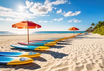 organized beach equipment lined sunlit shore clear skies gentle waves creating serene coastal...