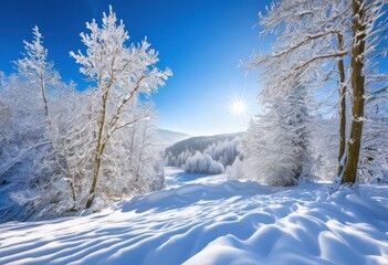 Obraz premium vibrant winter wonderland landscape untouched snow covered rolling clear blue skies, trees, hills, sky, nature, scenery, beauty, tranquility, environment