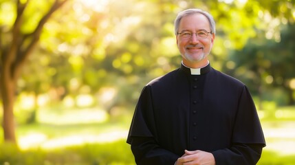 MiddleAged Christian Priest in Traditional Clerical Attire Standing in Sunlit Park Concept of Faith, Religion, and Spirituality