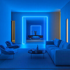 A modern front room with blue neon lighting