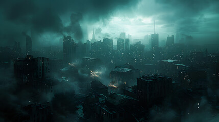 Obraz premium Illustration of a Dystopian futuristic megacity, a dark cityscape, a place characterized by rampant fear or distress