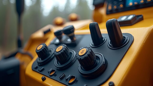 Close-up of a yellow machinery control panel with black knobs and levers