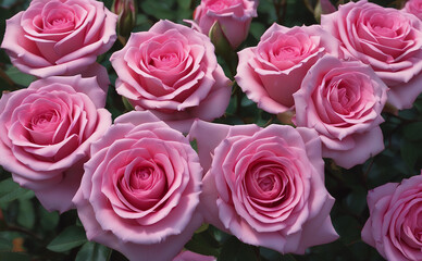 Many light pink roses with green leaves.

