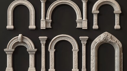 Naklejka premium Collection of different traditional stone-arched frames sculpted in 3D