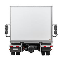 Rear View Of White Delivery Truck On Plain White Background