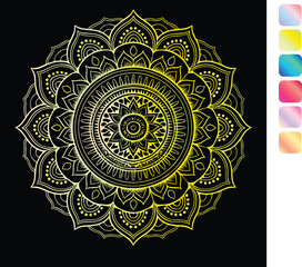 a colorful mandala with a pink and black background.