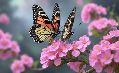 Fototapeta premium A beautiful pink butterfly rests amongst delicate pink cherry blossoms.