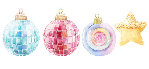 Cute Christmas Watercolor Holiday Set. Christmas tree, cute girly ornaments, festive decor