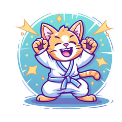 A cute, orange tabby cat wearing a white karate gi and blue belt, with fists raised in the air, grinning, and surrounded by sparkly stars.