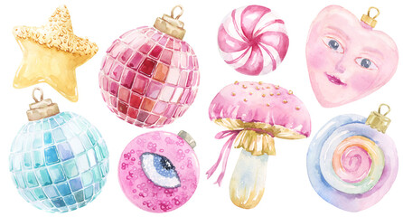 Cute Christmas Watercolor Holiday Set. Christmas tree, cute girly ornaments, festive decor