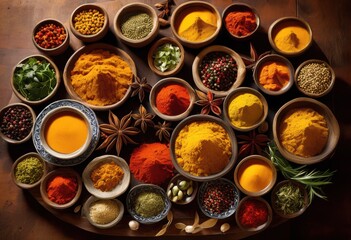 vibrant display spices colorful dishes arranged beautifully rustic wooden board culinary feast, herbs, seasoning, flavor, aroma, texture, gourmet, cuisine