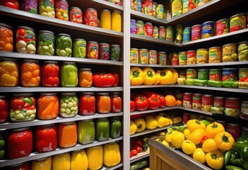 colorful organized food donations displayed pantry shelves highlighting fresh produce canned goods, abundance, appeal, assistance, baskets, boxes, charity