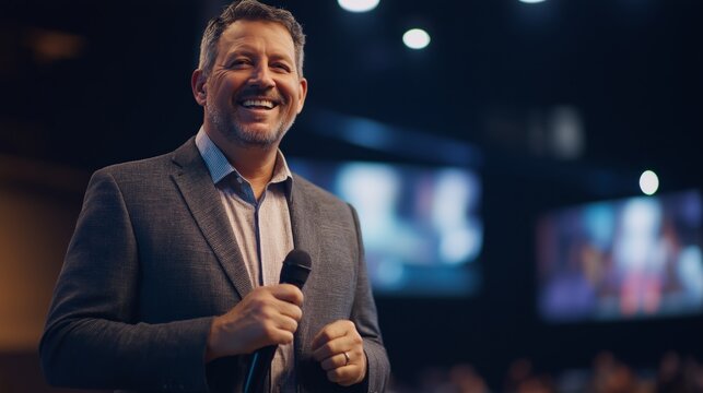 Smiling Evangelical Pastor Addressing Congregation, Charismatic Speaker During Sunday Service