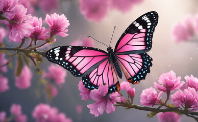 Naklejka premium A beautiful pink butterfly rests amongst delicate pink cherry blossoms.