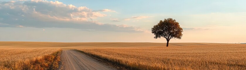 Fototapeta premium A serene landscape featuring a lone tree beside a dirt road, set against a backdrop of golden fields under a clear sky.