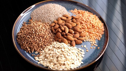 Ingredients like almonds, oats, buckwheat, chia seeds, lentils create nourishing plate. A nutrient-dense, eco-friendly dish ideal for a sustainable, plant-powered lifestyle Vegan cuisine.