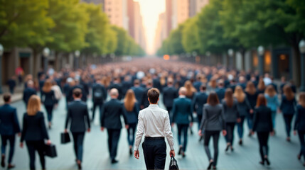 Business people walking.  A man stands out from a group of people