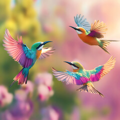 Obraz premium three colorful birds flying away from viewer