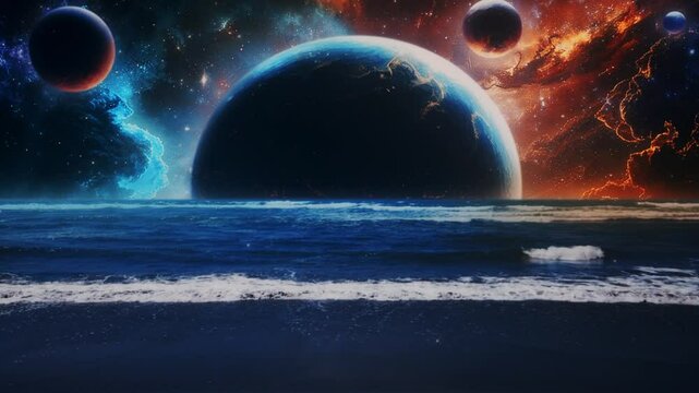 Fantasy Sea Shore Seascape in Outer Space - Loop Ocean Background Animation