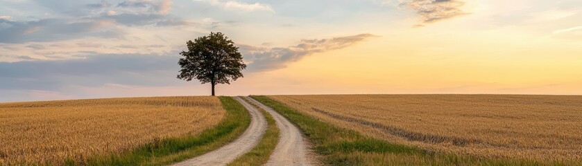 Scenic landscape featuring a lonely tree beside a winding dirt road under a beautiful sunset, perfect for nature lovers.