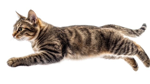 A dynamic shot of a cat isolated on a Tranparent background, PNG file, in mid-jump with fur and paws in sharp detail