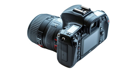 A dynamic shot of a professional DSLR camera isolated on white, with every button and lens component in clear focus