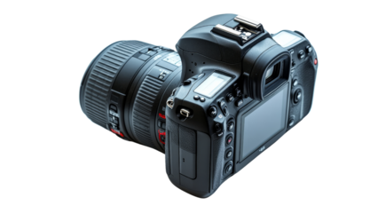 A dynamic shot of a professional DSLR camera isolated on white, with every button and lens component in clear focus