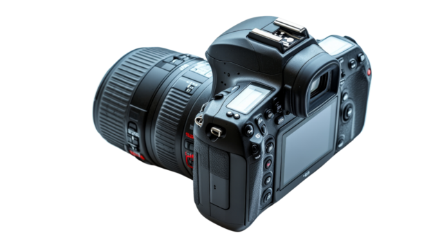 A dynamic shot of a professional DSLR camera isolated on white, with every button and lens component in clear focus