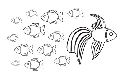 Illustration of a group of small fishes with a larger fish moving different directions. Isolated on white background. representing leadership concept