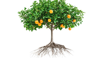 A fruit tree with visible roots, fully isolated and centered on a Tranparent background, PNG file