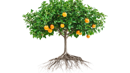 A fruit tree with visible roots, fully isolated and centered on a Tranparent background, PNG file