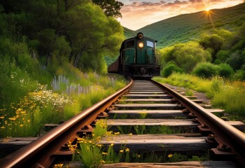 Fototapeta premium abandoned train tracks meandering through captivating landscapes featuring lush rolling tranquil scenery, nature, hill, path, vegetation, rail, grass, tree