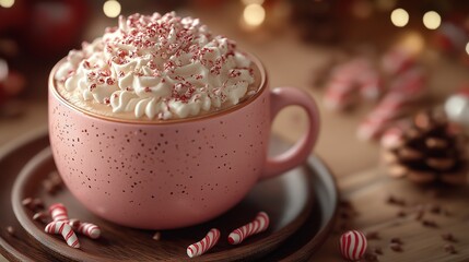 Festive Hot Chocolate with Peppermint Whipped Cream in a Pink Mug, Surrounded by Candy Canes and Cozy Holiday Decor