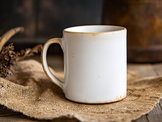 A white coffee cup sitting on top of a wooden table