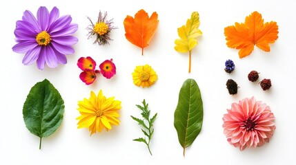 Fototapeta premium A beautiful collection of diverse flowers and leaves, showcasing a vibrant array of colors, shapes, and textures.