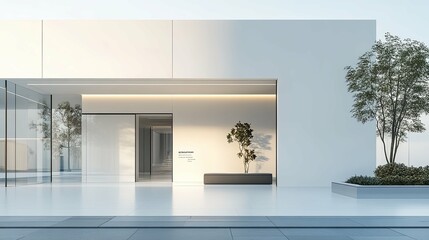 Minimalist Modern Building Entrance with Glass Doors and Greenery