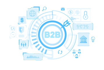 Digital B2B interface with various business icons in blue. Isolated on white background. Concept of digital business networking