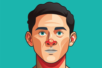 Obraz premium A creative illustration shows a young person with a big rhinoceros nose against a bright background, Customizable illustration of disproportionate rhinoplasty.