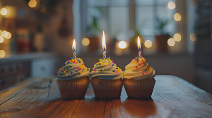 burning candles in the church, Tasty Birthday cupcakes with burning candles on table.