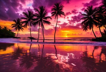 vibrant tropical paradise stunning sunset palm silhouettes colorful sky, beach, colors, evening, landscape, nature, scenery, horizon, relaxation, travel