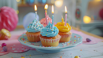 birthday cupcake with candles, Tasty Birthday cupcakes with burning candles on table.