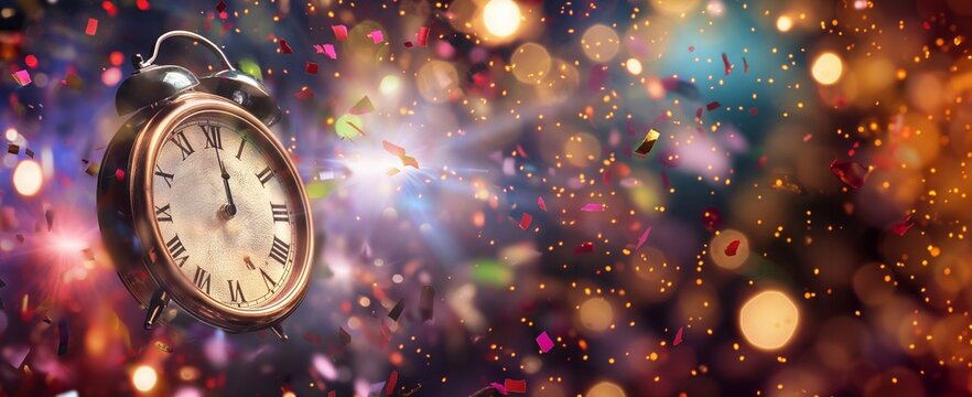 Old vintage clock striking twelve midnight on a festive background copy space with confetti, celebrating new year's eve in a magical party, glamorous setting. Merry Christmas and Happy New Year event