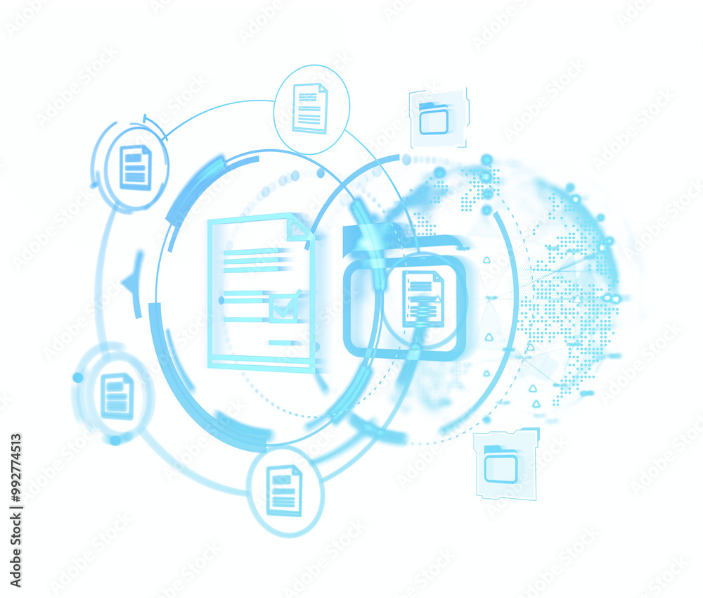 Poster digital document and folder icons with holographic data network connections. isolated on white backg