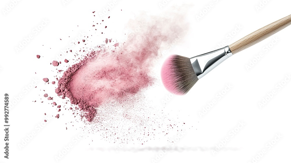 Sticker A makeup brush with pink powder on it, flying in the air, with a white background and wood handle.  