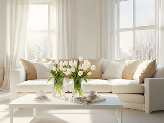 modern living room decorated with yellow flowers , living room with white and beige tone