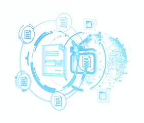 Digital document and folder icons with holographic data network connections. Isolated on white background. concept of digital document management