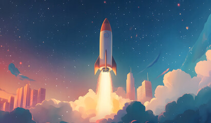 Rocket Launch at Dawn - City Skyline with Starry Night design