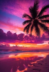 breathtaking vibrant sunset over serene beach landscape gentle waves silhouetted palm trees, horizon, sky, clouds, colors, orange, pink, purple, reflection